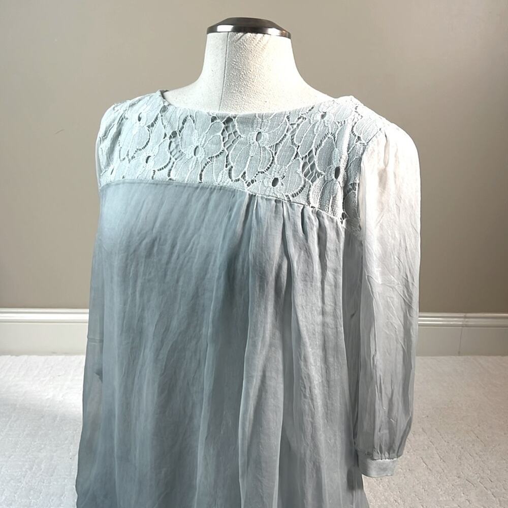 Silk H Trend layered blouse with lace accent and sheer sleeves and overlay L